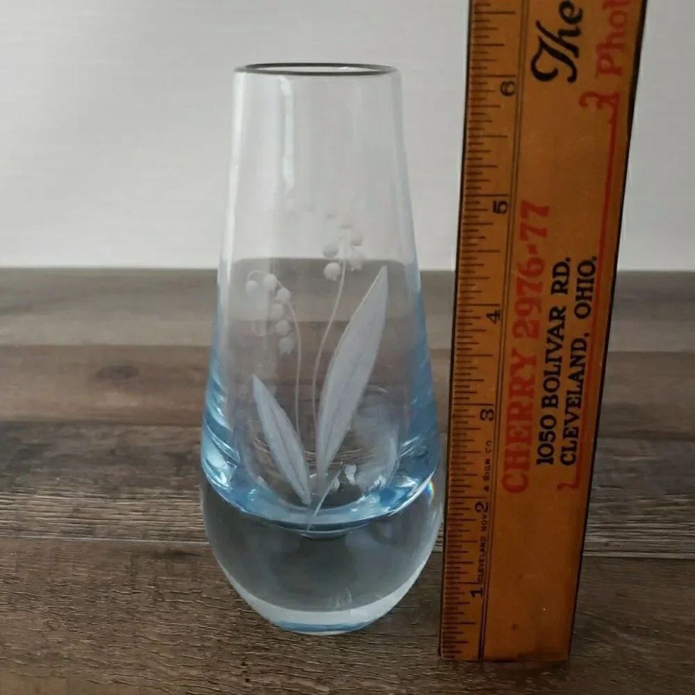 Lily of the Valley Swedish Etched Crystal Vase 6” Bubble Vintage MCM Glass